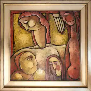 Theo Mackaay - Olieverf op doek: Compositie met met vier vrouwen - Ingelijst (Zeer groot) verkocht voor € 1050!