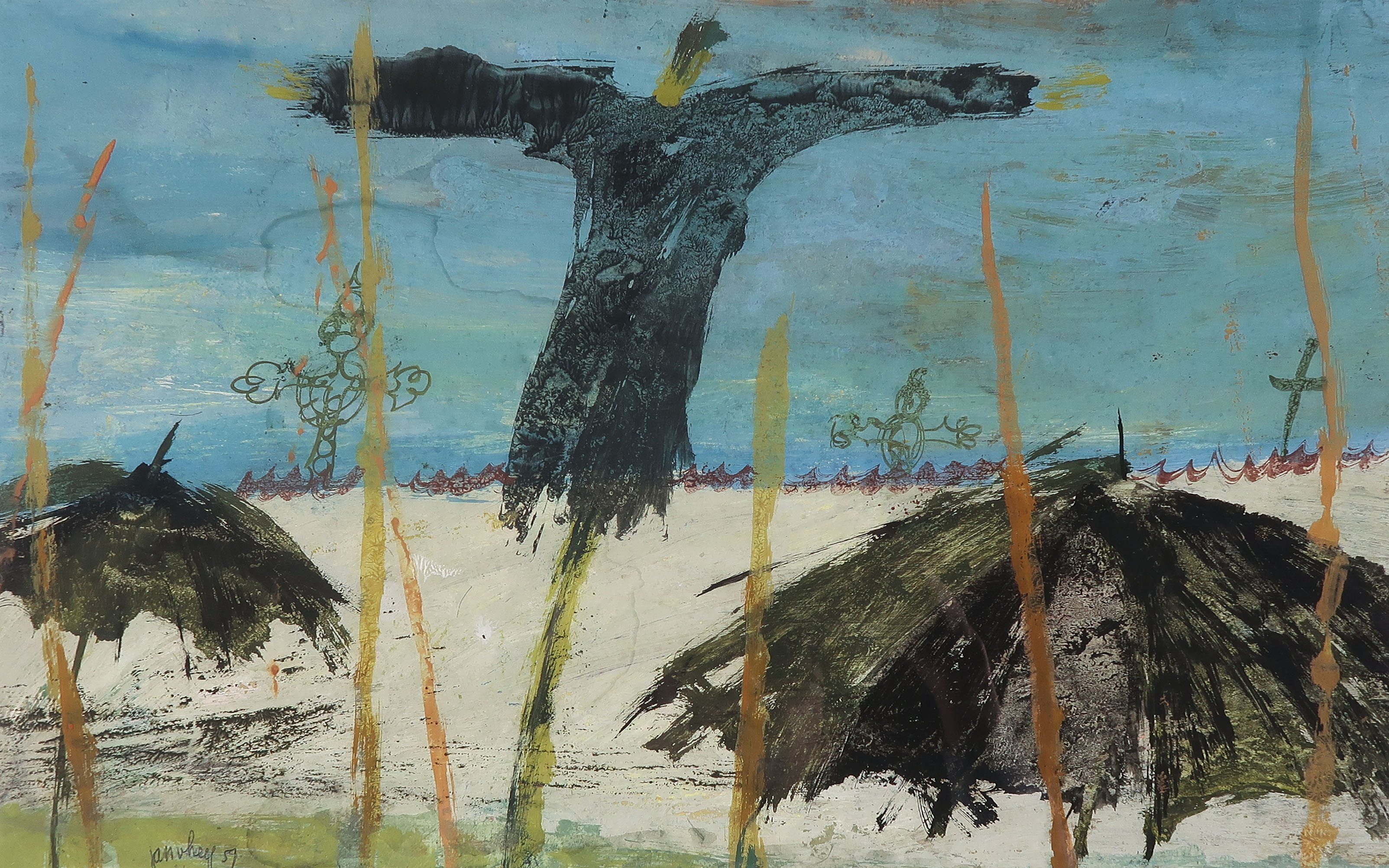 Jan van Heel - Gouache op papier, Landschap met vogelverschrikker - Ingelijst kopen? Bied vanaf 1!