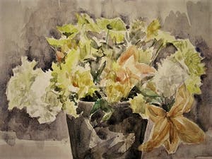 Ronald Terpstra - gesigneerd impressionistisch aquarel stilleven paars-gele bloemen kopen? Bied vanaf 30!