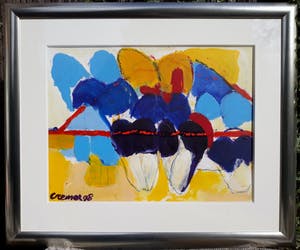 Jan Cremer - Tulpen in rode driehoek, acrylverf op papier (prachtig ingelijst, groot!) kopen? Bied vanaf 2500!