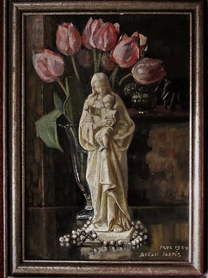 Betsie Issels - 1934 - Delfts Impressioniste - olieverf "Maria met rozenkrans en Tulpen" kopen? Bied vanaf 10!