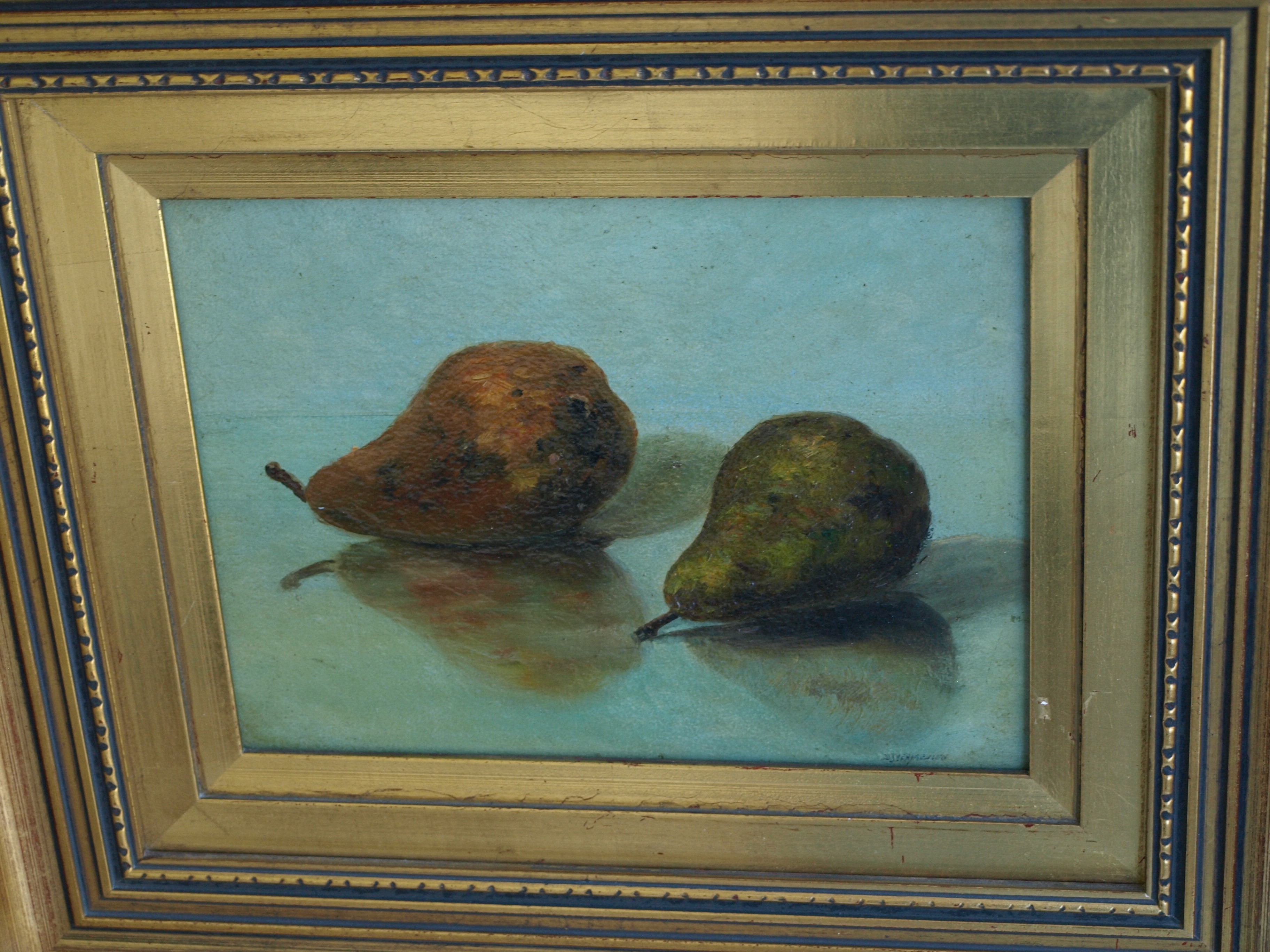 Niet of onleesbaar gesigneerd - Olieverf op paneel , Stilleven met 2 peren â€“ ingelijst  kopen? Bied vanaf 1!