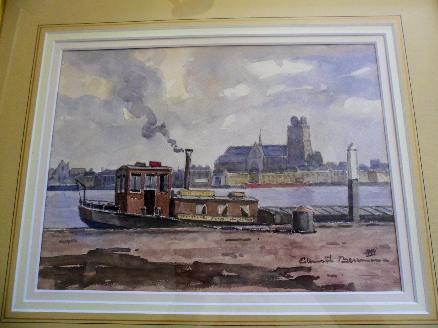 Clement Bezemer - Aquarel, zicht over rivier op onbekende stad kopen? Bied vanaf 35!
