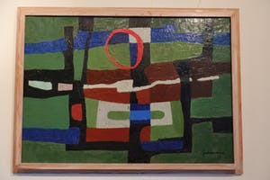 Juul Neumann - Geabstraheerd landschap met rode cirkel kopen? Bied vanaf 300!