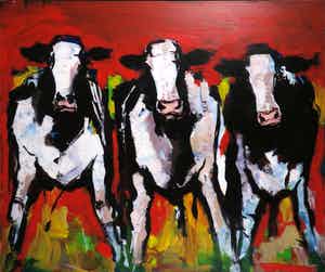 Frits van Eeden - Handbewerkte zeefdruk op doek op spieraam, Koeientrio (Groot) verkocht voor € 100!