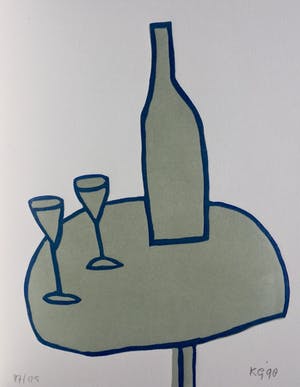 Klaas Gubbels - linosnede ‘Tafel met fles en glazen’ uit 1998 - oplage 125. kopen? Bied vanaf 175!
