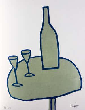 Klaas Gubbels - linosnede ‘Tafel met fles en glazen’ uit 1998 - oplage 125. verkocht voor € 175!