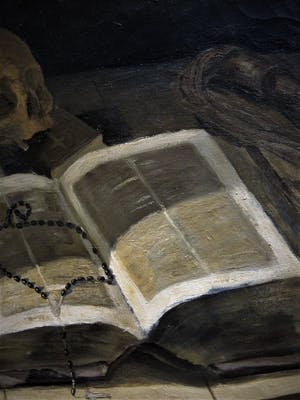 Niet of onleesbaar gesigneerd - Omstreeks 1900 geschilderd Vanitas stilleven met schedel, bijbel en rozenkrans kopen? Bied vanaf 10!