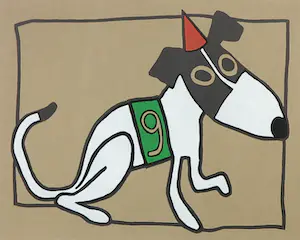 Titi Zaadnoordijk - Zeefdruk, Racehond nummer 9 - Ingelijst kopen? Bied vanaf 50!