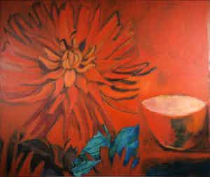 Marieke Thomassen - Acryl op doek, Bloemen - Oranje Dalia met kom (Zeer Groot) verkocht voor € 1!