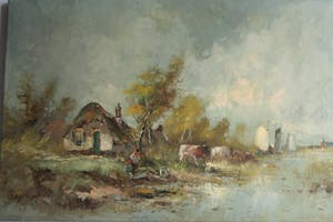 Niet of onleesbaar gesigneerd - Landschap met hoeve, koeien en zeilboten - gesigneerd kopen? Bied vanaf 1!