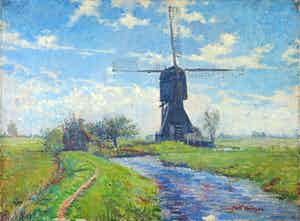 Josef Verheijen - Olieverf op doek, Polderlandschap met molen verkocht voor € 100!