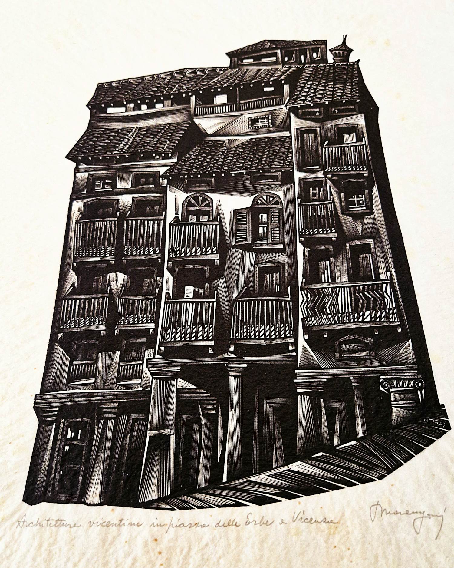 Tranquillo Marangoni - originele jaren 50 houtsnede "Architetture vicentine" potloodgesigneerd kopen? Bied vanaf 44!