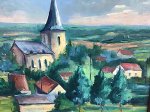 Niet of onleesbaar gesigneerd - Gehucht met kerk. kopen? Bied vanaf 1!