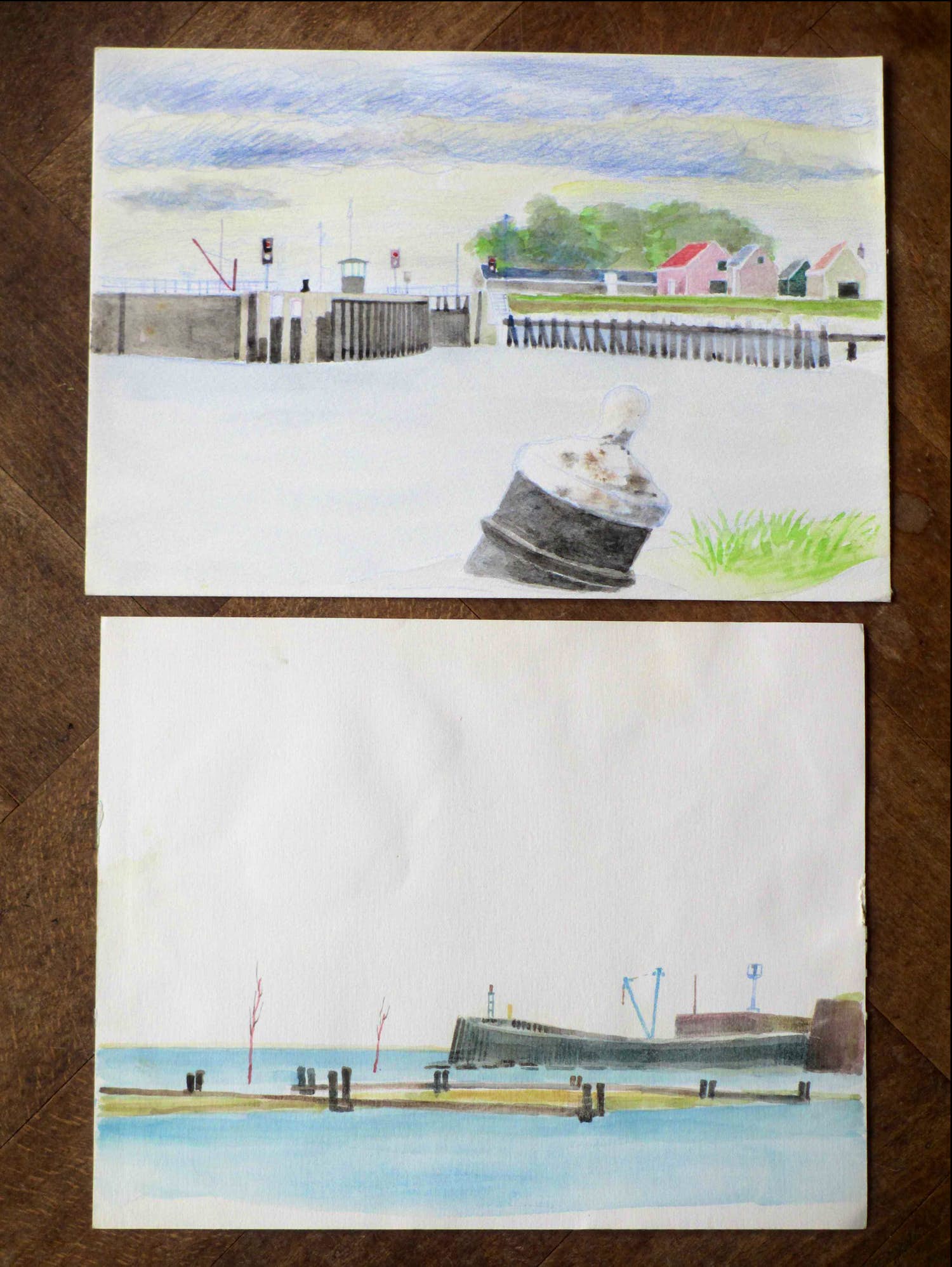 Jos van den Berg - Kanaal en havenbolwerk bij Veere - Tekening/aquarel kopen? Bied vanaf 1!