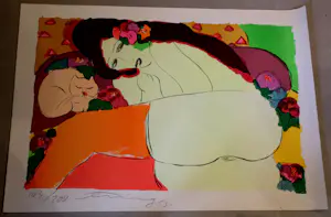 Walasse Ting - Kleurenlitho: Liggende naakte dame en een kat kopen? Bied vanaf 595!