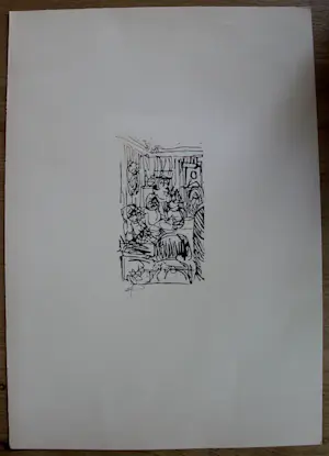 Toon Jansen - Houtsnede: Mensen in interieur - 1965 kopen? Bied vanaf 45!