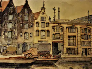 Jan den Hengst - Mooie ca 1950 geschilderde verstilde Aquarel "Amsterdam boot aan gracht" kopen? Bied vanaf 38!