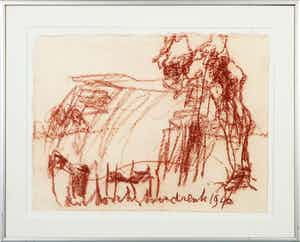 Anton Heyboer - Krijttekening op geschept papier, Drenthe 1946 - Ingelijst verkocht voor € 150!