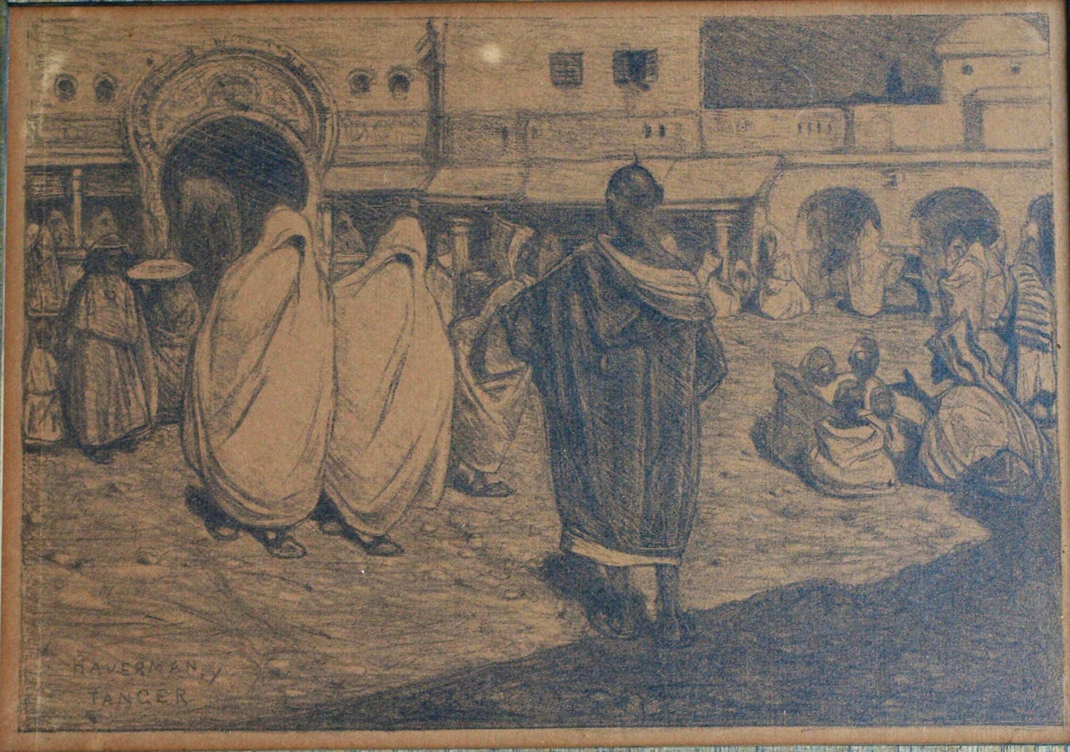 Hendrik Johannes Haverman - Litho in de originele lijst, Oosterse markt in Tanger - 1895 verkocht voor € 1!