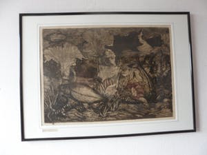 Jan Schonk - Ets, Titel,"Vissen in aquarium". grote ets. kopen? Bied vanaf 45!