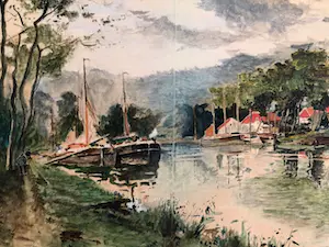 Clement Bezemer - zicht op dorpje aan rivier met afgemeerde boten (in dubbel passe partout) kopen? Bied vanaf 30!