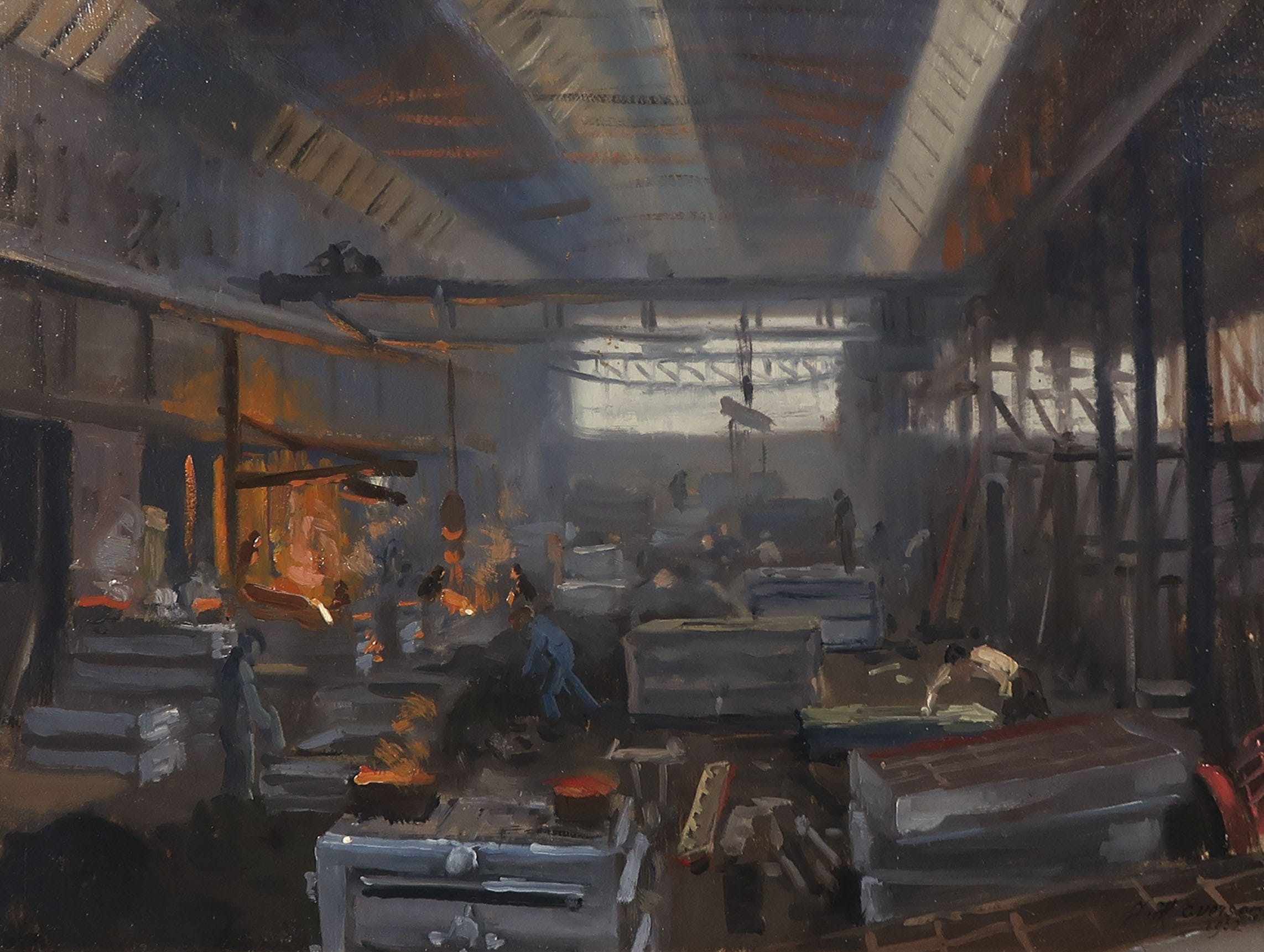 Jan Eversen - Olieverf op paneel, Studie Gieterij Stork Hengelo - Ingelijst kopen? Bied vanaf 300!