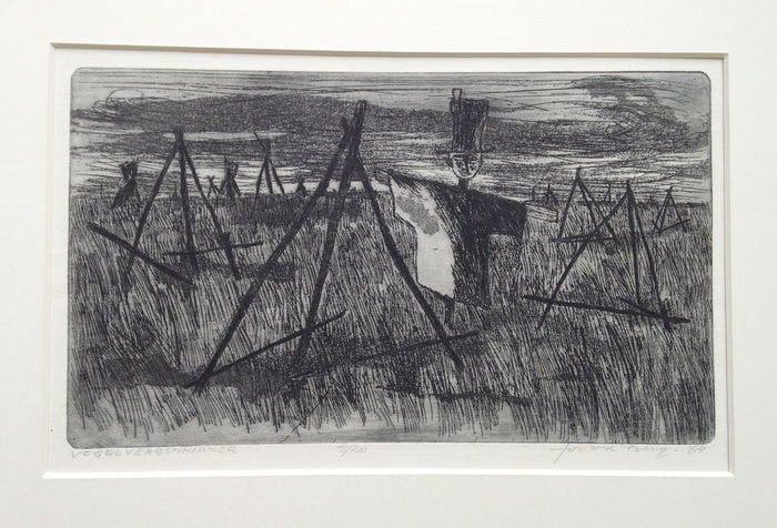 Jos van den Berg - zeer mooie ets van een Vogelverschrikker. verkocht voor € 35!