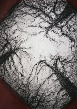 Wim de Bruin - Krijttekening, Licht tussen de bomen (Zeer groot) kopen? Bied vanaf 70!