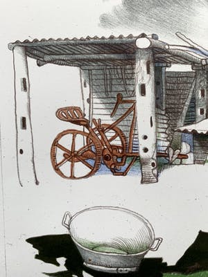 Nicolaas Wijnberg - kleurenlitho - 'Boers tafereel met badkuip' - 1982 kopen? Bied vanaf 70!