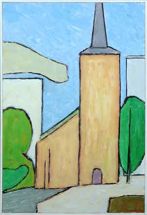 Paul Overhaus - Olieverf op doek, Kerk- Ingelijst verkocht voor € 70!