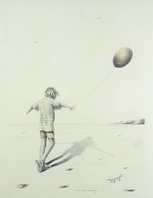 Wim Mast de Gooijer - Potlood, Zonder titel (Kind met ballon) - Ingelijst kopen? Bied vanaf 1!