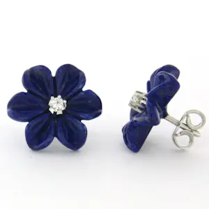 18k gouden oorknoppen met bloemvorm lapis lazuli en briljant geslepen diamant kopen? Bied vanaf 230!