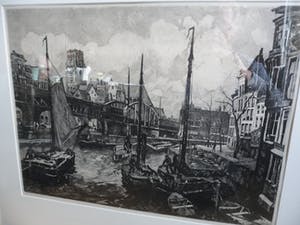 Jan Sirks - Ets. Titel. "Viaduct Rotterdam ". Groot werk kopen? Bied vanaf 50!