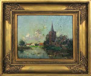 Jan Simon Knikker (sr.) - Olieverf op marouflé, Kerkgezicht - Ingelijst verkocht voor € 1!