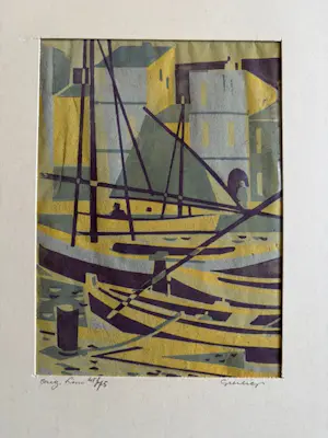 Geert Geerligs - linosnede: bootjes in de haven kopen? Bied vanaf 35!