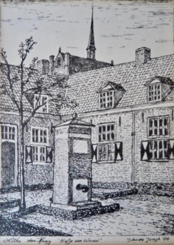 John de Jongh - Haags Hofje van Wouw - in mooi passe-partout en houten lijstje kopen? Bied vanaf 1!