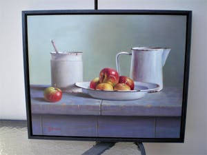 Hans Habraken - Stilleven Oude kan potje en schaal appels kopen? Bied vanaf 695!