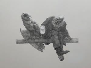 Peter Vos - litho | 'Oude man met uil' | 1986 kopen? Bied vanaf 225!