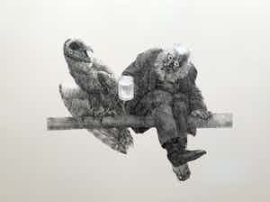 Peter Vos - litho | 'Oude man met uil' | 1986 verkocht voor € 225!