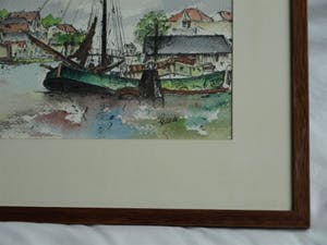 Niet of onleesbaar gesigneerd - Gesigneerd “Belleke ?” , Aquarel - “Molen aan de haven” – ingelijst kopen? Bied vanaf 10!
