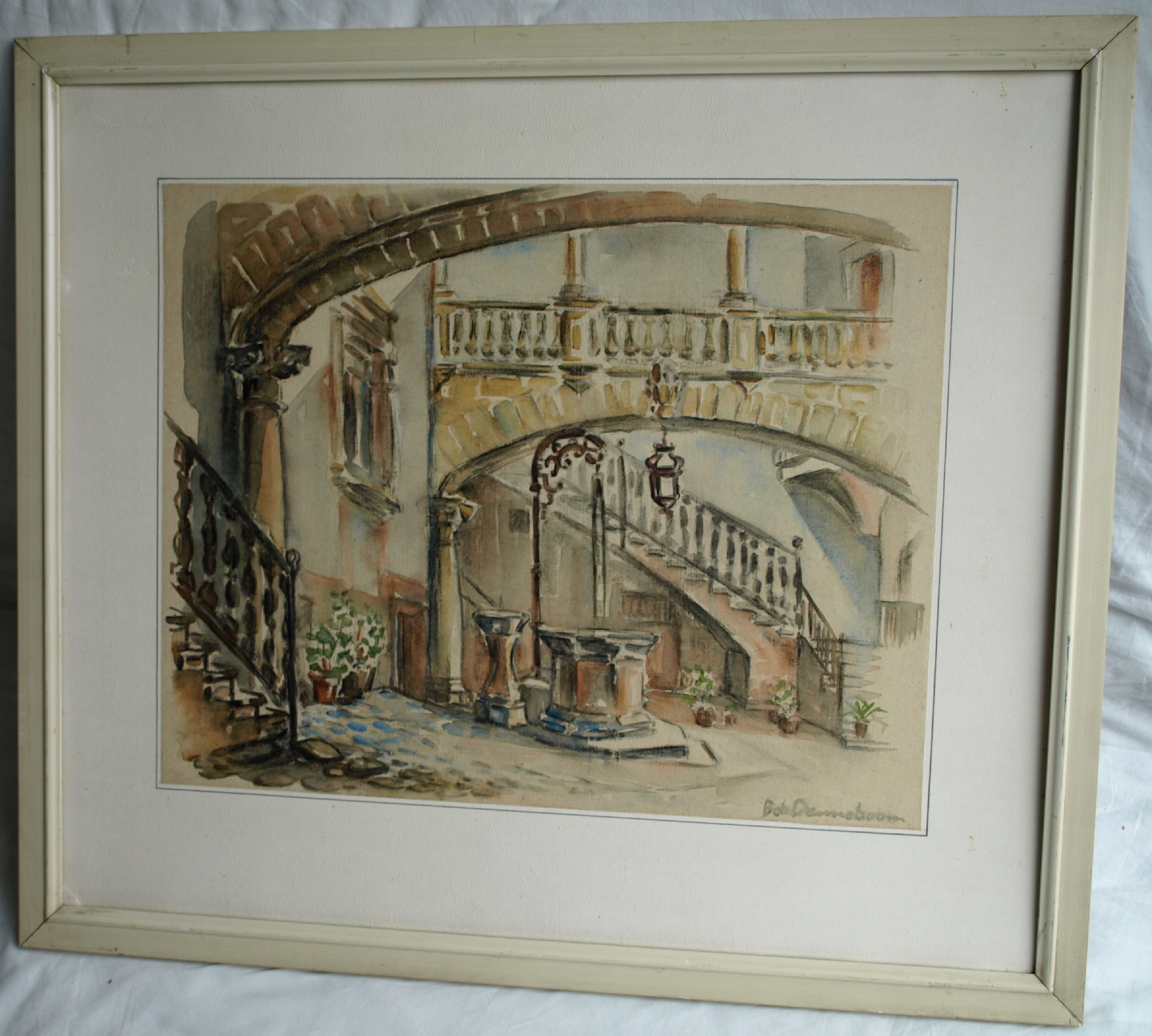 Bob Denneboom - Aquarel , Patio, Espana, Palma - ingelijst – 1958 kopen? Bied vanaf 50!