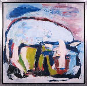 Martin van Wordragen - Olieverf op doek, Grazend Rund, Ingelijst (Groot) verkocht voor € 250!