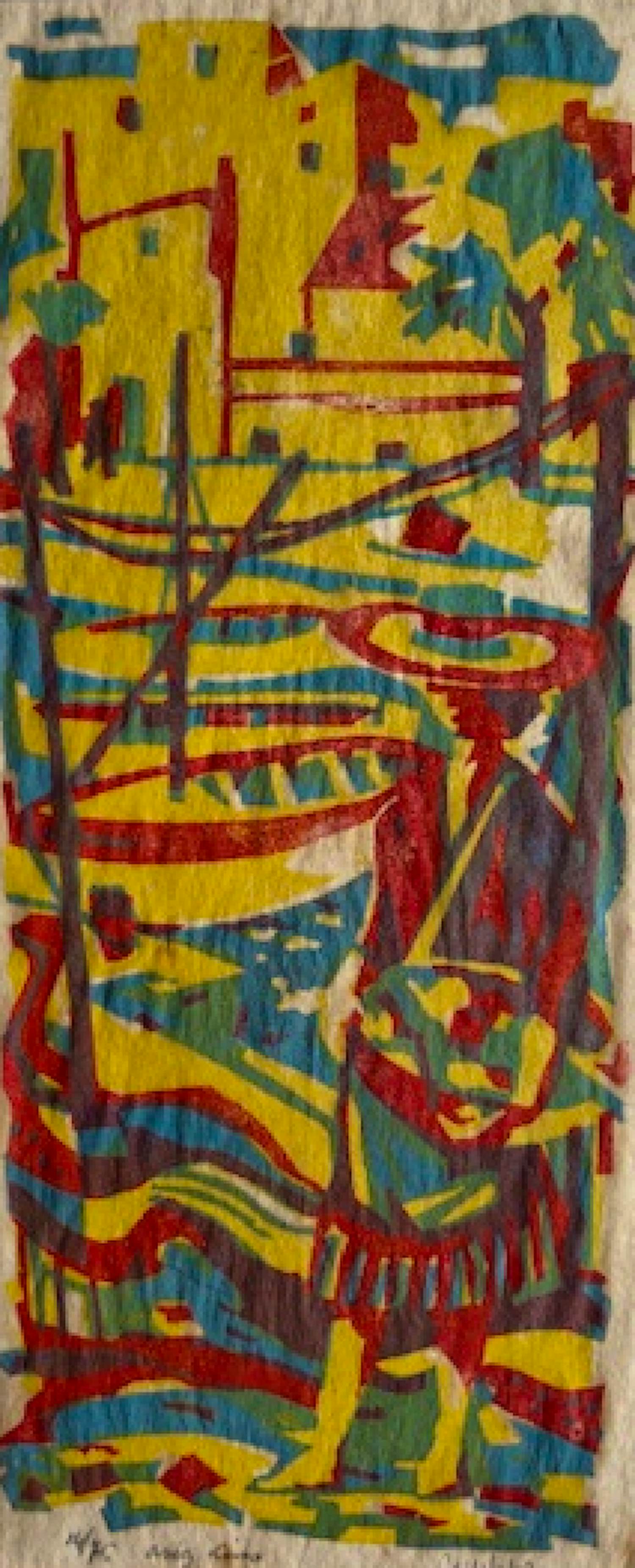 Geert Geerligs - linosnede met kleurrijk havengezicht met personen bij kade kopen? Bied vanaf 35!