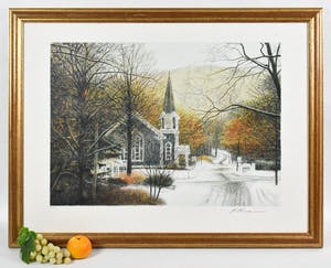 Harold Altman - Church at crossing- Kleurenlitho - Fraai ingelijst kopen? Bied vanaf 150!