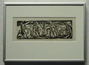 Jan Wiegers - Ingelijste houtsnede , De Baders – Lijst, 22 x 31 cm. kopen? Bied vanaf 60!