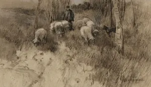 Johannes Josephus Garjeanne - Gemengde techniek op papier - "landschap met herder en schapen" kopen? Bied vanaf 175!