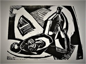 Wim Motz - Lithografie "Haven Rotterdam met tanker" en unica (8ex) Houtsnede "stilleven" kopen? Bied vanaf 45!