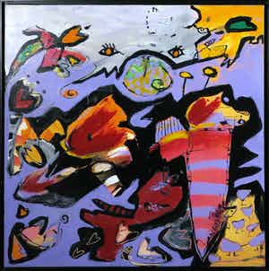 Miriam Slaats - Acryl op doek, Hanengedrag-kippengeneuk - Ingelijst (Groot) verkocht voor € 350!