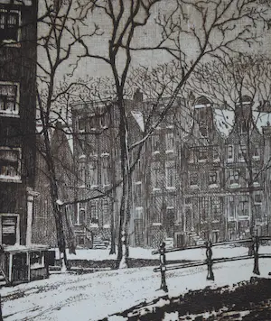 Cornelis Brandenburg - ets uit 1913 - winter in Amsterdam - Spiegelgracht, hoek Prinsengracht - kopen? Bied vanaf 80!